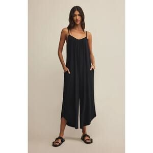 Z Supply Women's Black Scoop Neck Cropped Length Flared Jumpsuit Size Large